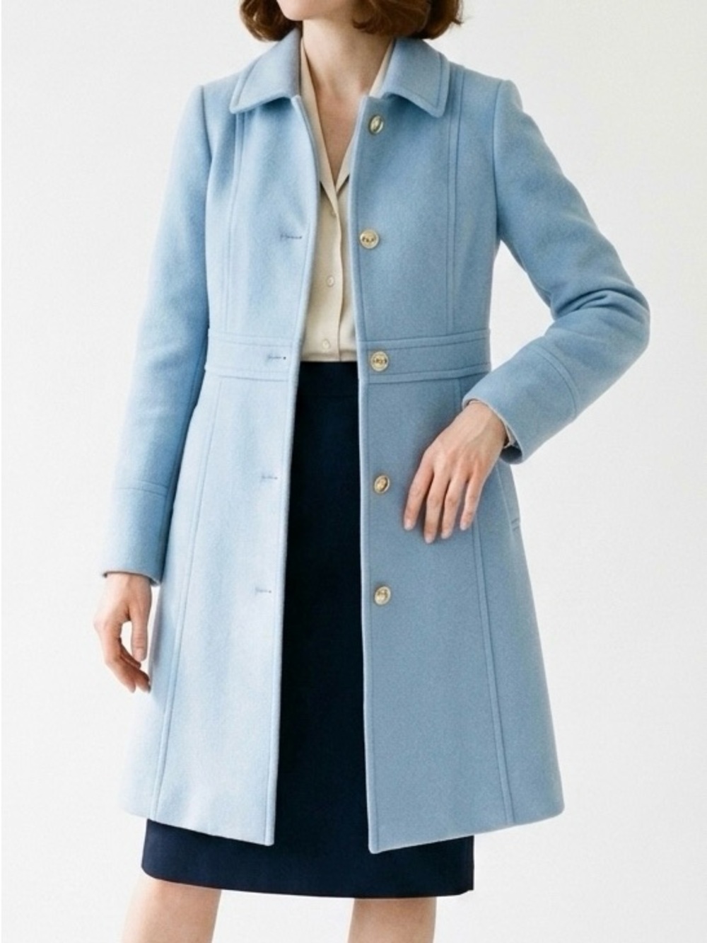 J Crew Factory Lady Day Coat Pastel Blue Gold Button Wool Blend Trench Winter 0
